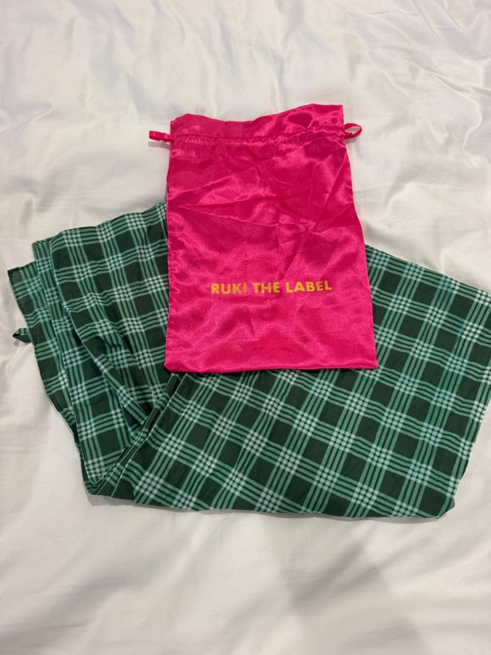 RUKI THE LABEL Pink Satin Drawstring Bag with Green Plaid Fabric